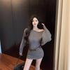 Autumn Khaki One-Shoulder Knitted Dress: Slimming Long-Sleeve Short Dress with Waist-Hugging, Hip-Wrapping Design.