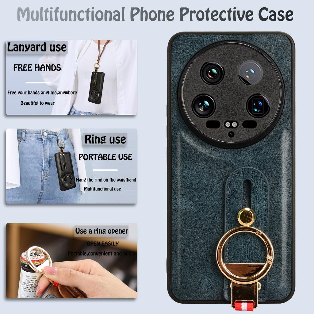 For Xiaomi 14 Ultra Case PU Leather+PC+TPU Wristband Kickstand Drop-proof Phone Cover