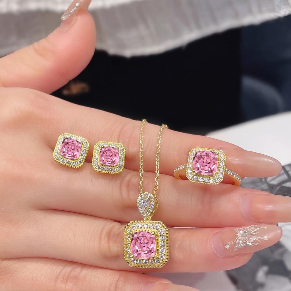 Fashion Temperament Ice Flower Cut Sugar Cube Set Necklace High Carbon Diamond Pink Diamond Pendant Yellow Diamond Ring Color Treasure Stud Earrings