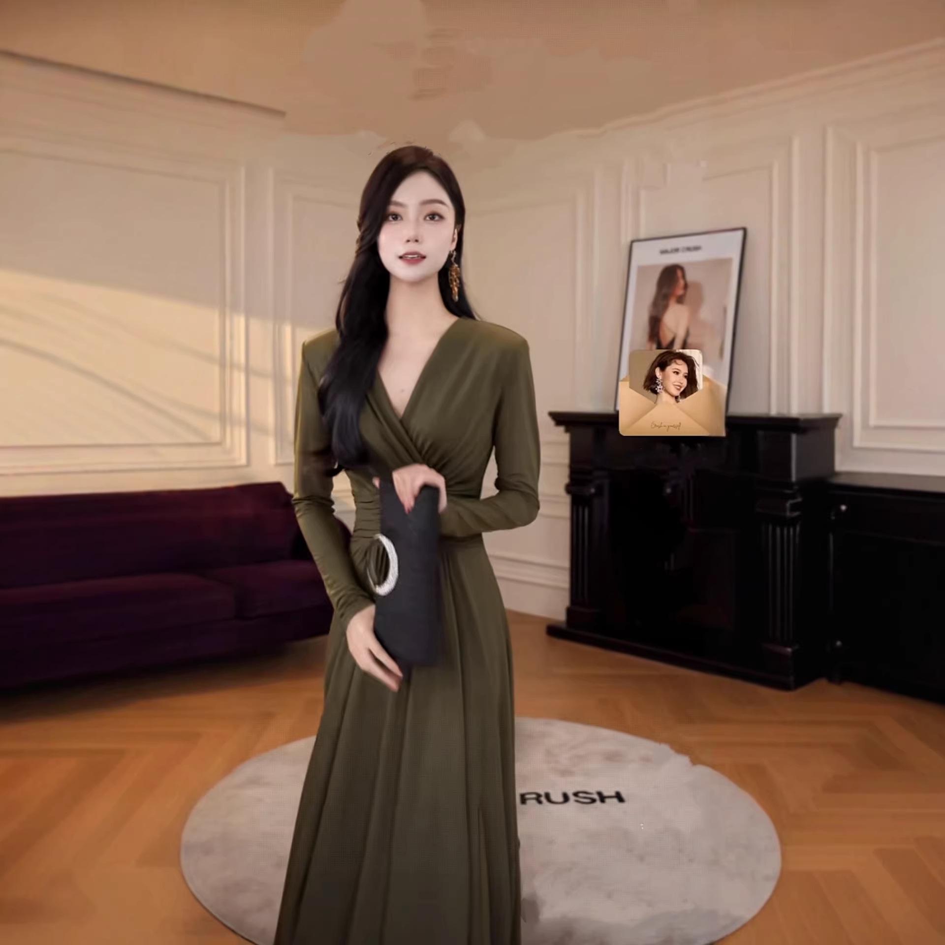 

French Retro Moss Green Dress - Elegant Waist-Cinching Slim Slit Long Skirt for Women Medium мох зеленого