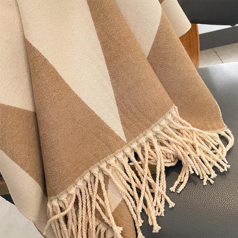 Autumn and Winter New Korean Style Versatile Geometric Rhombus Imitation Cashmere Jacquard Scarf for Women Thickened Tassel Shawl Scarf