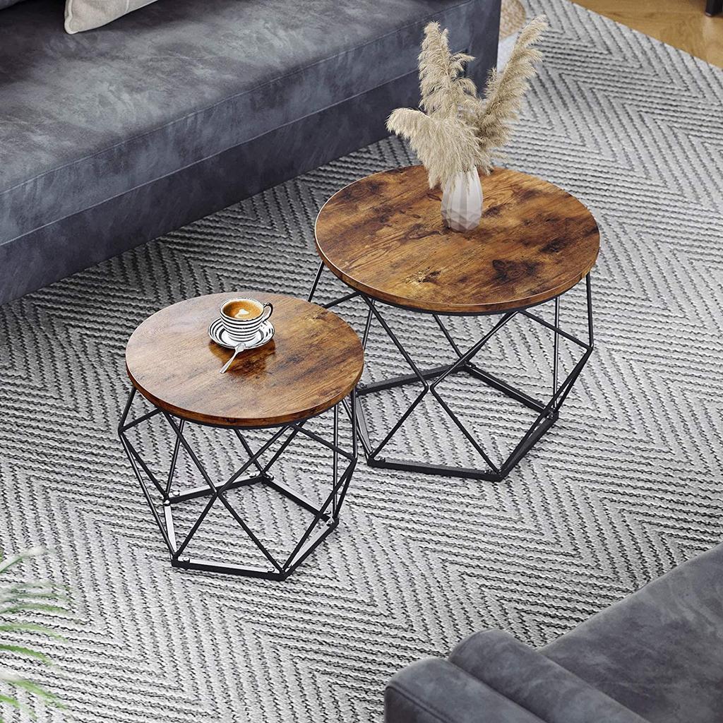 VASAGLE Coffee Tables, Set of 2 Side Tables, Robust Steel Frame, for Living Room, Bedroom, Rustic Brown and Black LET040B01