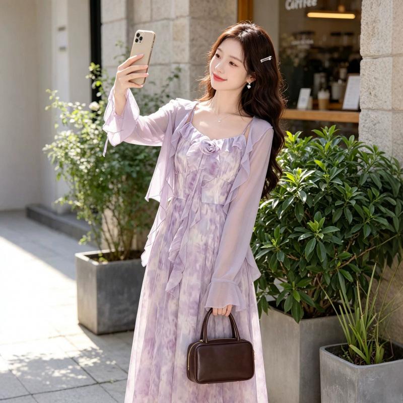 Suspender dress women's summer temperament purple suspender skirt with sunscreen cardigan two pieces