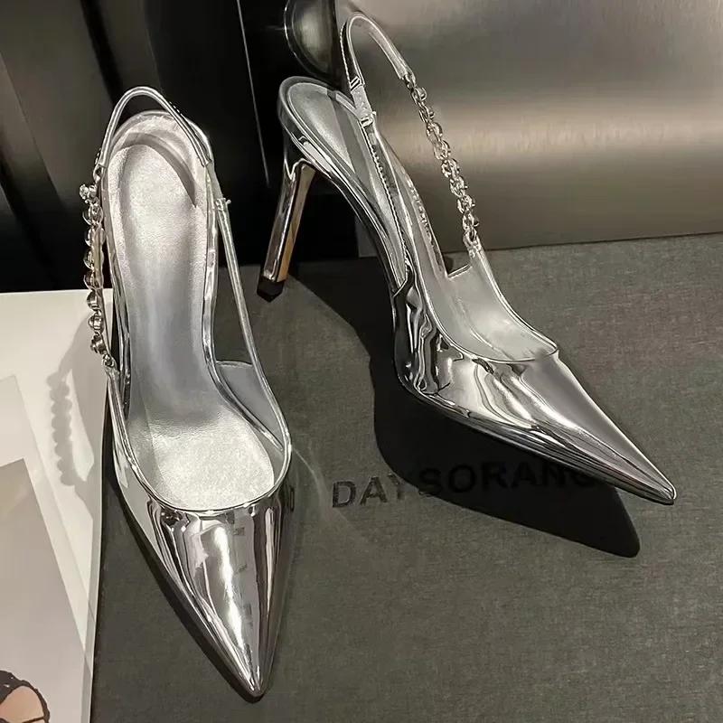 2025 High Heels Crystal Sandals Slingback Women Pumps Metallic Pointy Toe Stiletto Heeled Shoes Silver Party Dress Woman Shoes