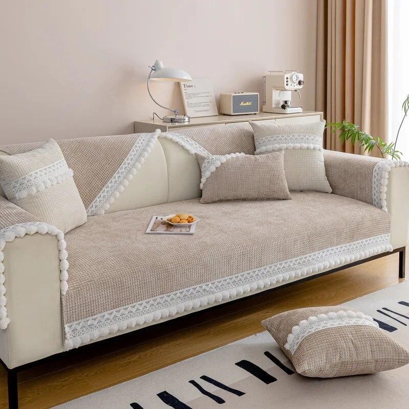 Husă de canapea cu bile de păr albe Pernă de canapea anti-alunecare de pluș pentru camera de zi Husă de canapea universală moale Prosop din spate Covoraș de canapea secțională
