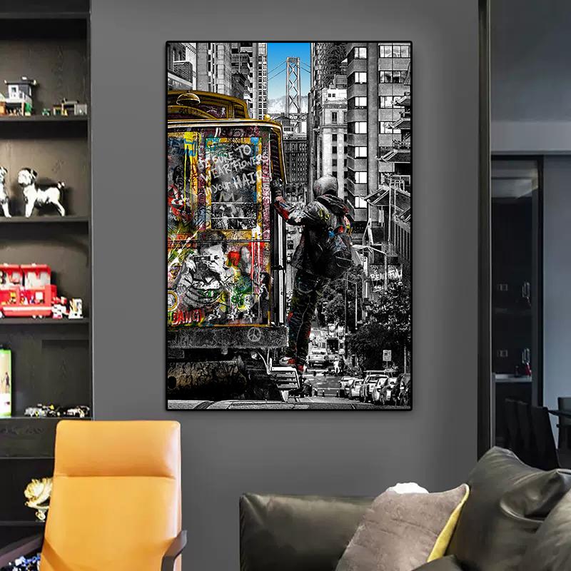 Canvas Schilderij Banksy Street Art Landschap van Londen City Poster Print Graffiti Muurfoto Voor Thuis Bar Kamer Decoratie
