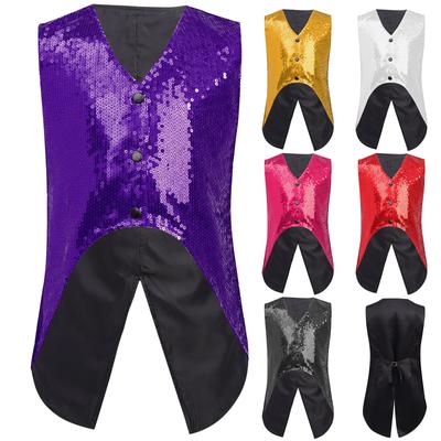 Boys Stage Performance Vest: Sleeveless Asymmetrical Hem Sparkly Sequin Top for Birthday Party Banquet Costume