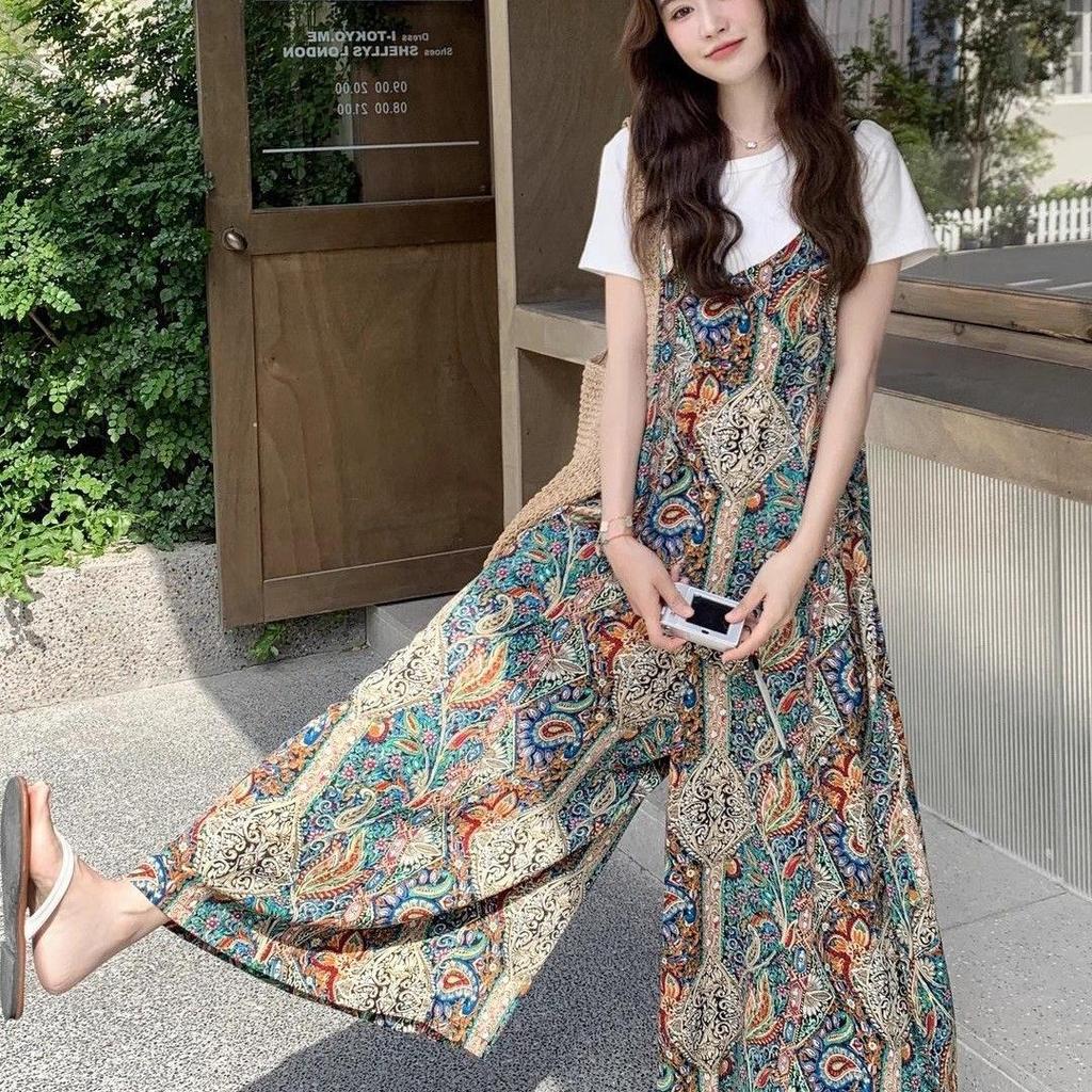 Retro Bohemian Patchwork Wide-Leg Jumpsuit for Women - Strappy, Casual, and Versatile Summer Style