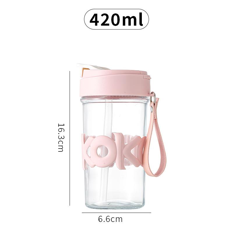 New Insulated Double Drinking Cup with Lid 420ml Portable Handle for Girls, Student Office, Rope Carrying Glass Cup