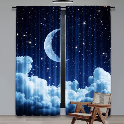 2 Peças Cortinas de Lua Céu Estrelado Azul Crescente Cumulus Adequado Para Sala de Estar Quarto Hotel Dormitório A