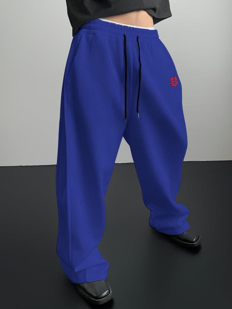 Men's Cross-Border Embroidered Sweatpants: Casual Wide-Leg, Autumn/Winter, Plus Velvet