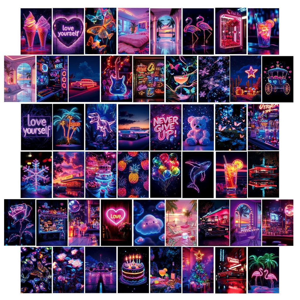 50 Neon Postcards Purple Dream Wall Decorative Cards Light And Shadow Lighting Colorful Decorative Cards