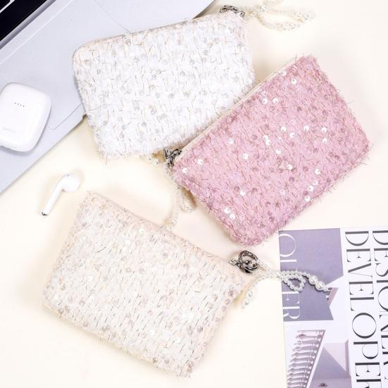 Sequined Cosmetic Bag Girls Stylish Glittery Clutch Makeup Bag with Faux Pearl Bow Zipper Puller Portable Travel Toiletry Organizer for