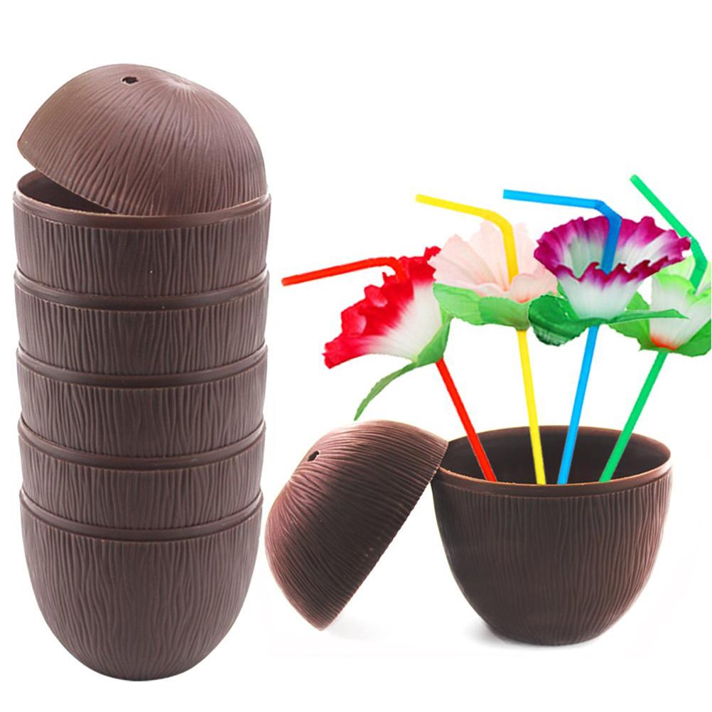 12 Tazze di Cocco con Cannucce a Fiore di Ibisco per Festa Luau Hawaiana per Bambini