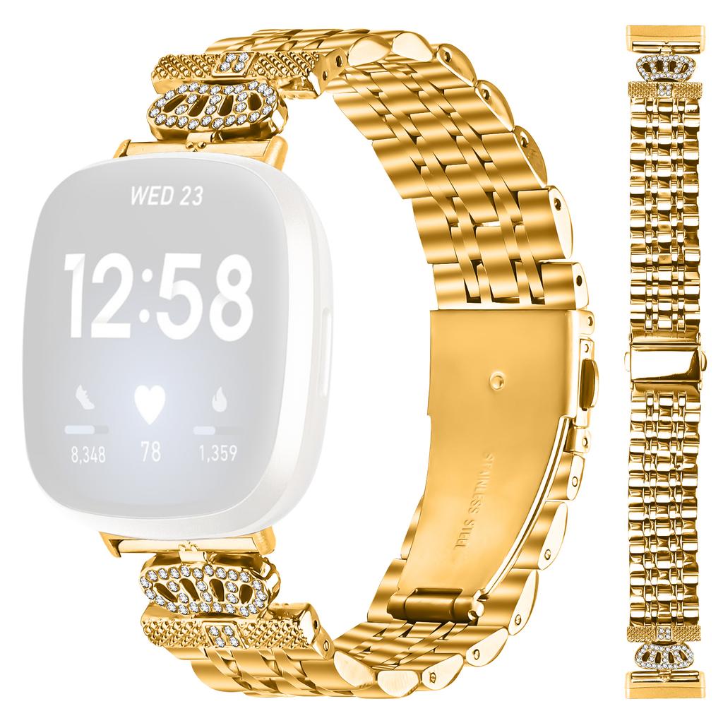 For Fitbit Versa 4/Sense 2 Watch Band 7-Bead Rhinestone Crown Stainless Steel Strap