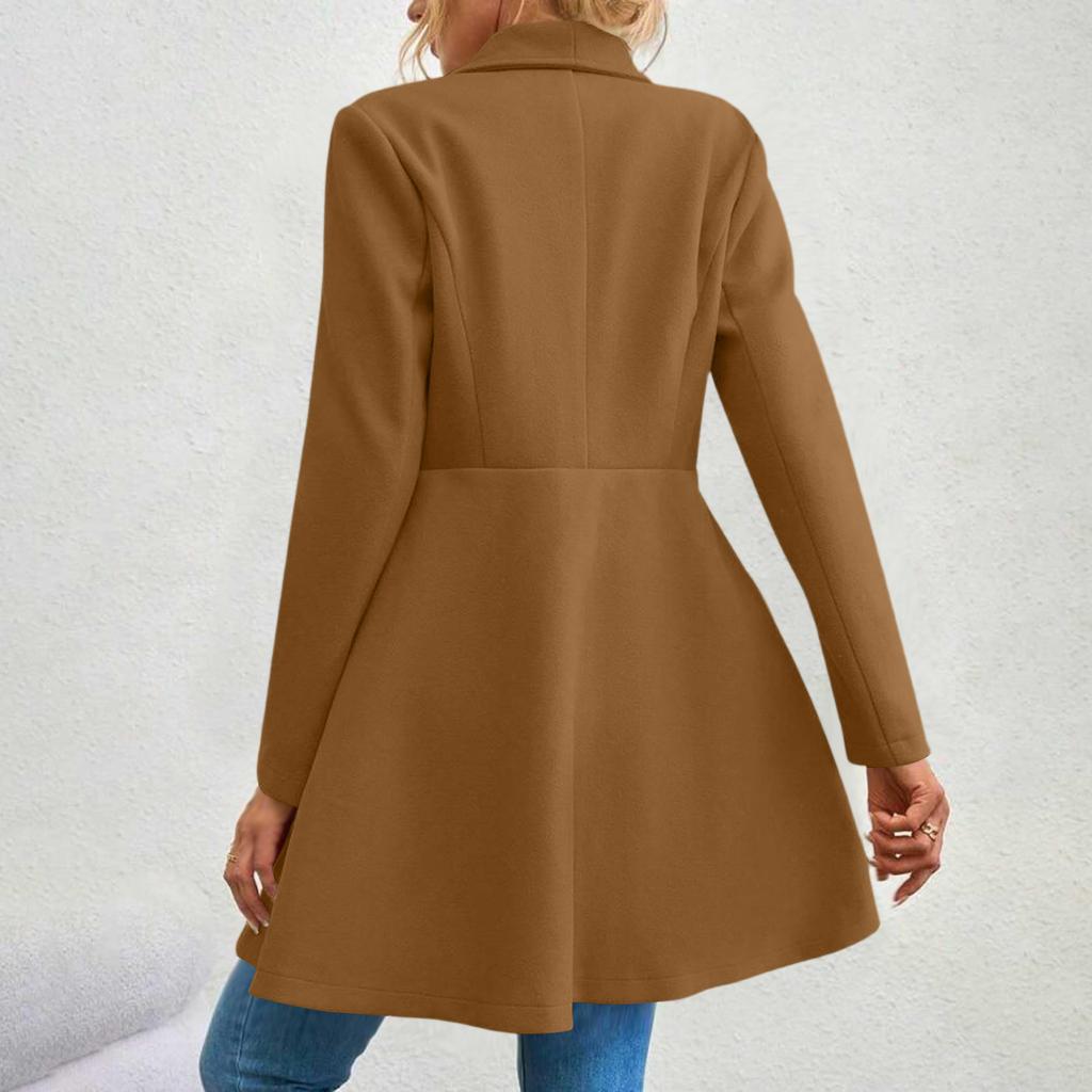 Women's Fashionable Solid-color Lapel Long-sleeved Woolen Coat