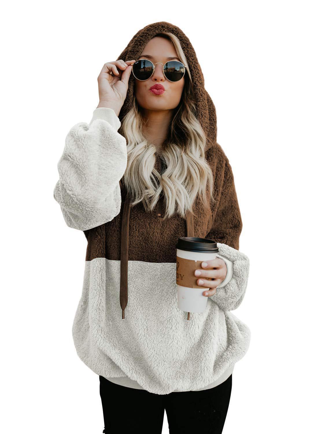 

9441 Autumn/Winter Patchwork Fleece Hoodie Jacket with Rope Hood 3XL кавовий