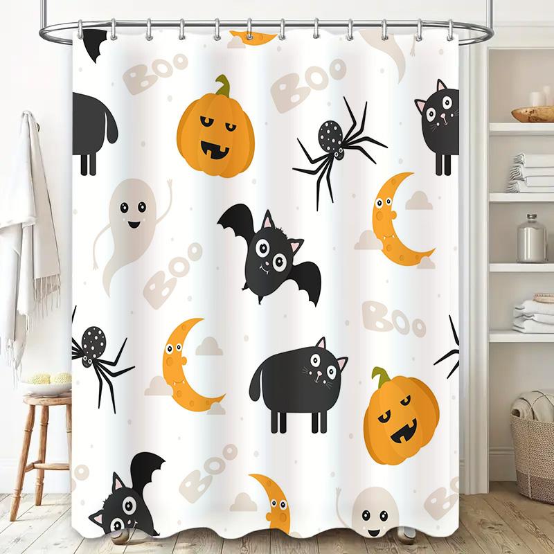 Halloween-themed shower curtain with cute patterns for bathroom decoration white background, pumpkin ghost cat bat moon design