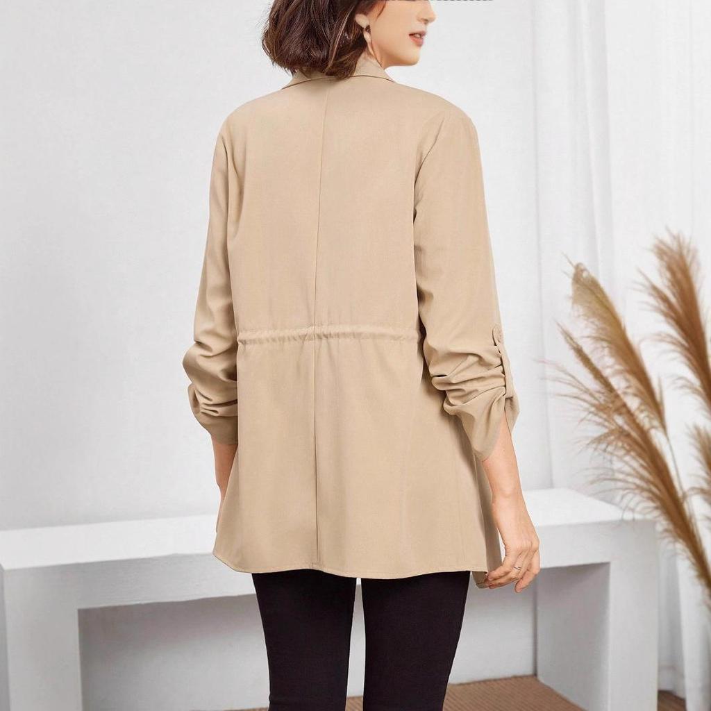 Women's Autumn and Winter Fashion Loose Solid Color Rolled-up Sleeved Mid-length Trench Coat