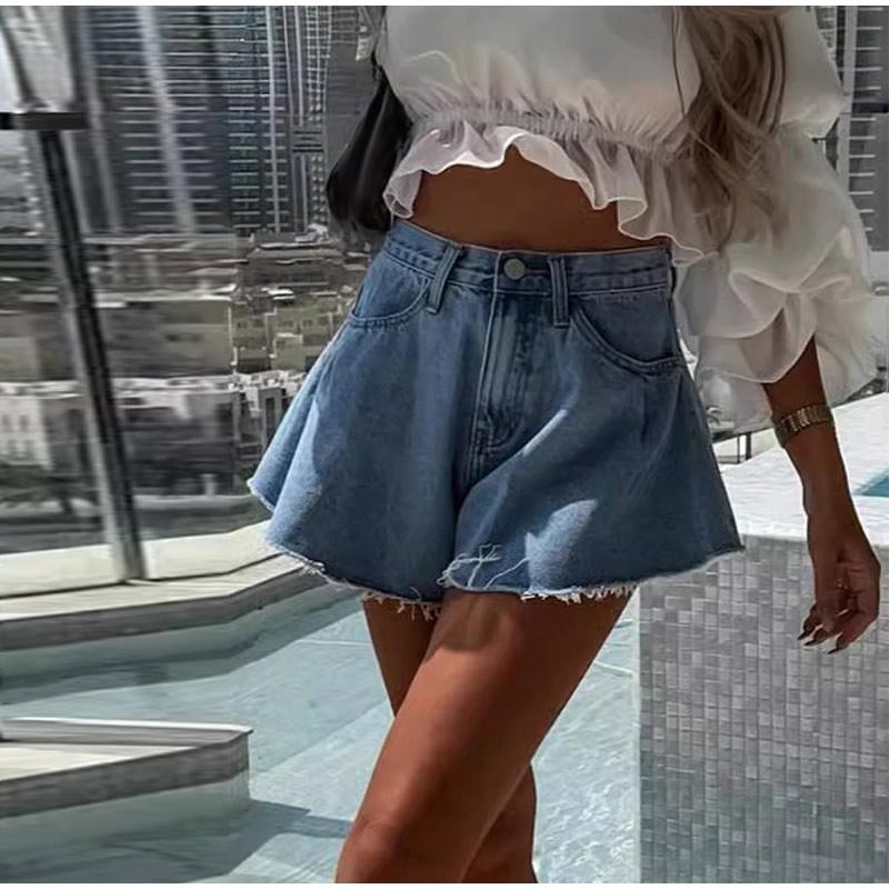2025 New Summer Women's High Waist Umbrella Shape Short Jeans Female Comfortable Vacation Beach Solid Color Denim Shorts