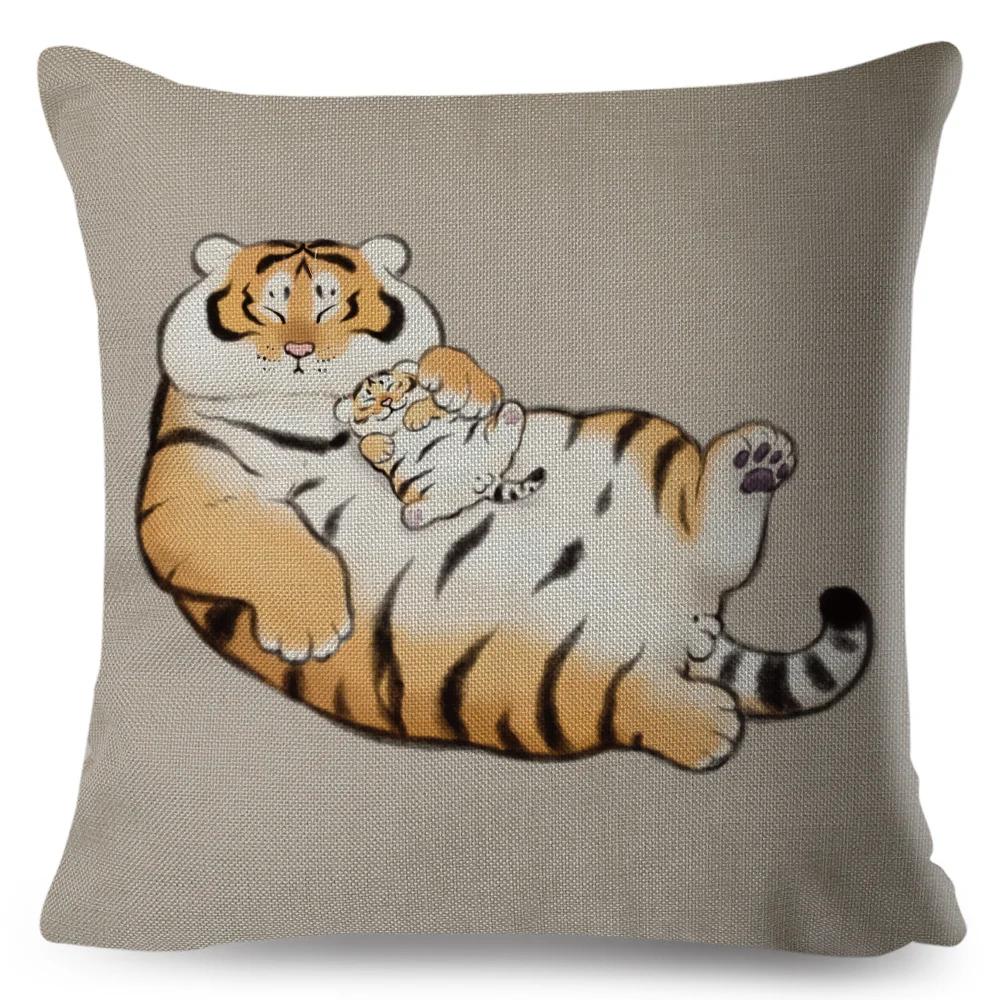 Funny Fat Tiger Cushion Cover Decor Cute Cartoon Animal Pillow Case for Sofa Home Car Linen Chinese Ink Throw Pillowcase