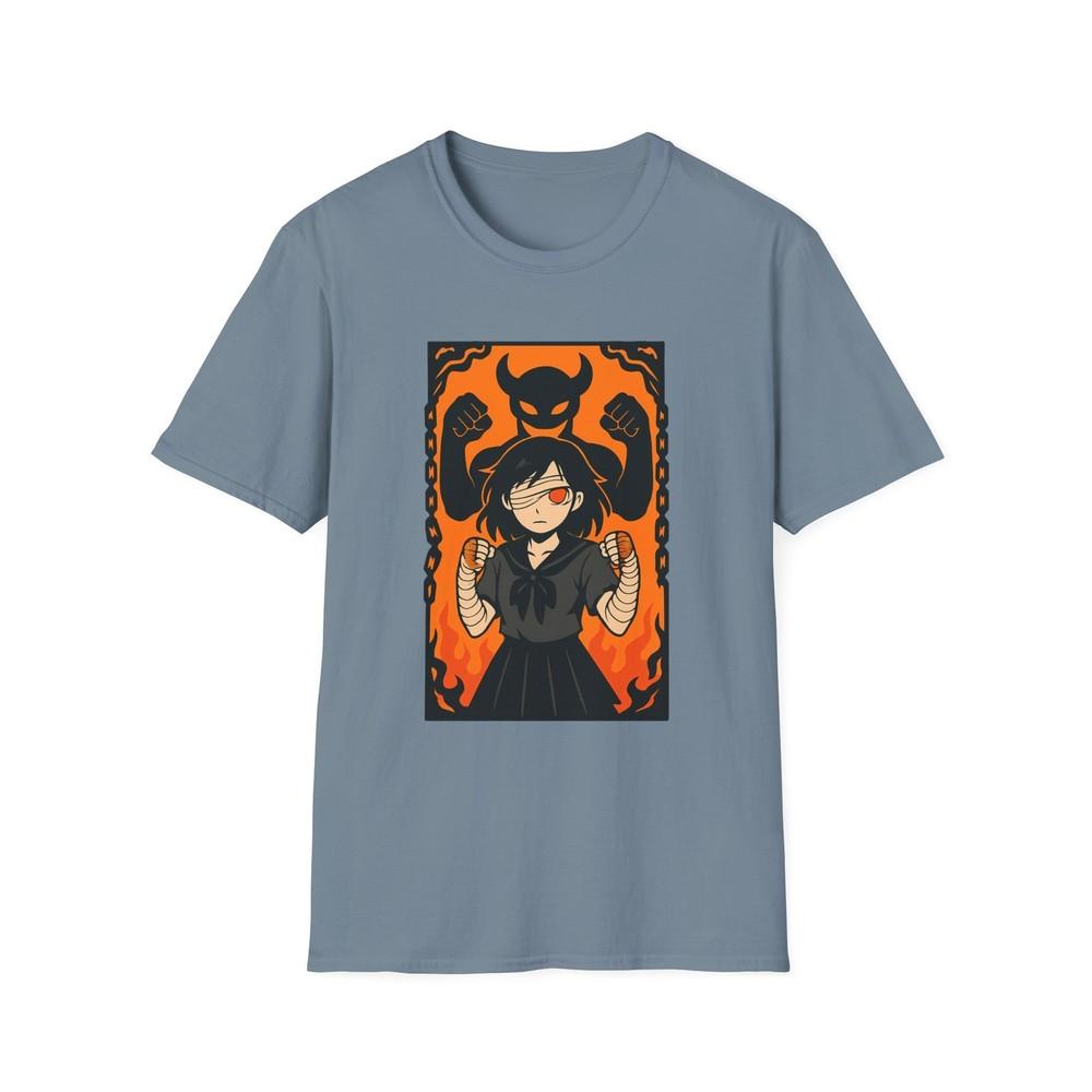 

Unisex Softstyle Anime Battle T-Shirt – Fighter vs Shadow Demon, Chains/Flames 3XL