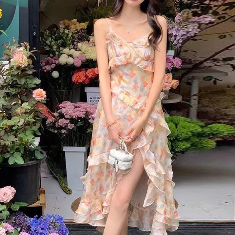 ruffle leaf edge v-neck floral dress girlish suspender dress women's summer new niche split-ended medium and long dress