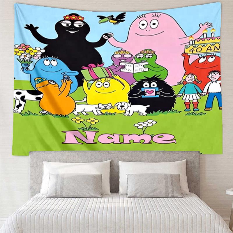 Custom Name Barbapapa Print Tapestry, Backdrop, Easy Setup, Ideal for Bedroom, Office & Living Room, with Aesthetic Wall Hanging Decor.