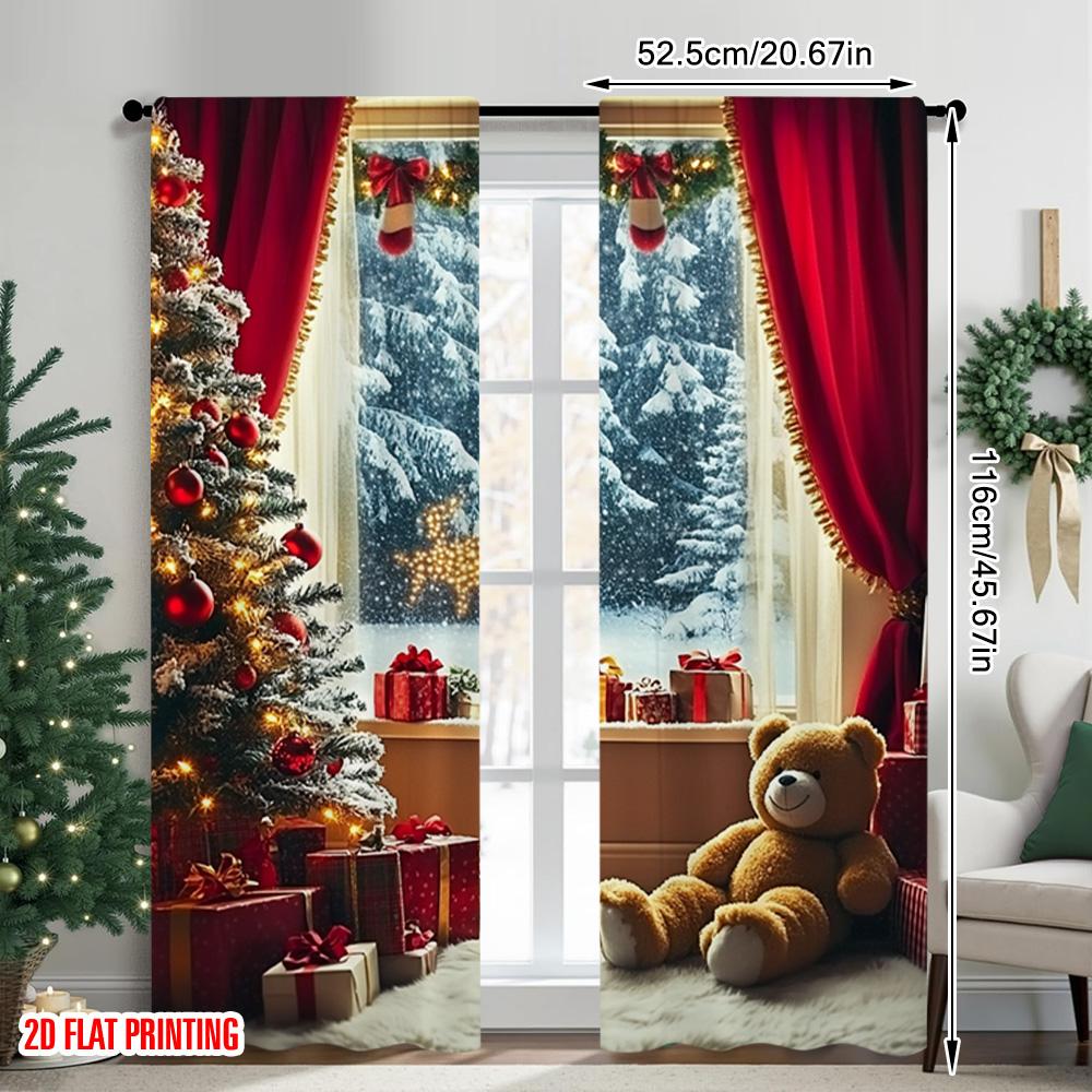 2pcs 2D Flat Printing Merry Christmas Popular Window Curtains Christmas On Machine Washable Polyester Without Electricity Family