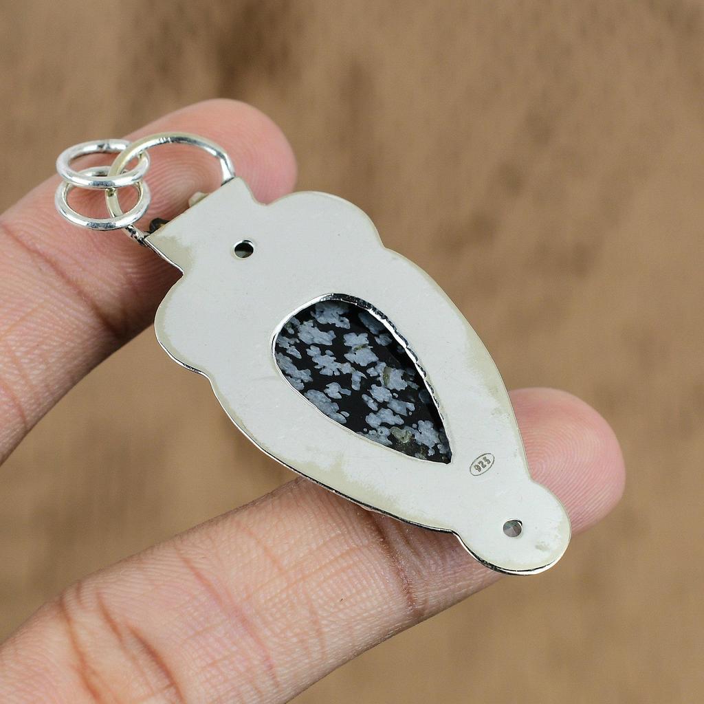 Natürlicher Schneeflocken-Obsidian Schweizer Blautopas 925 Silber Art Deco Anhänger Schmuck