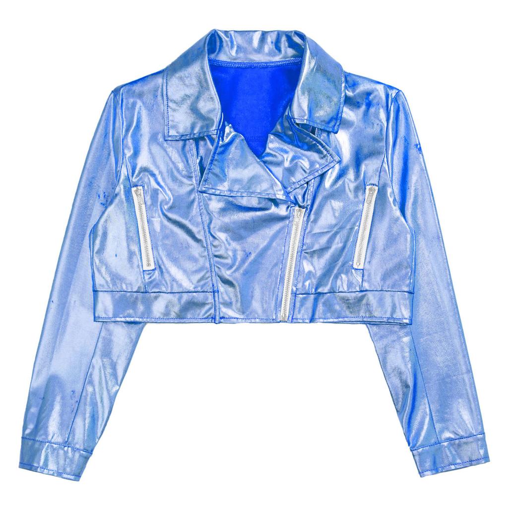 Unisex Dziecięca Metaliczna Kurtka na Zamek Kołnierz Klapowy Długi Rękaw Okrycie Wierzchnie Kurtka do Jazdy na Motocyklu Hip Hopu Jazzu Tańca