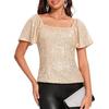 2026 Women's Fashion Square Neck Short Sleeve Sequin Puff Sleeve Versatile Shirt