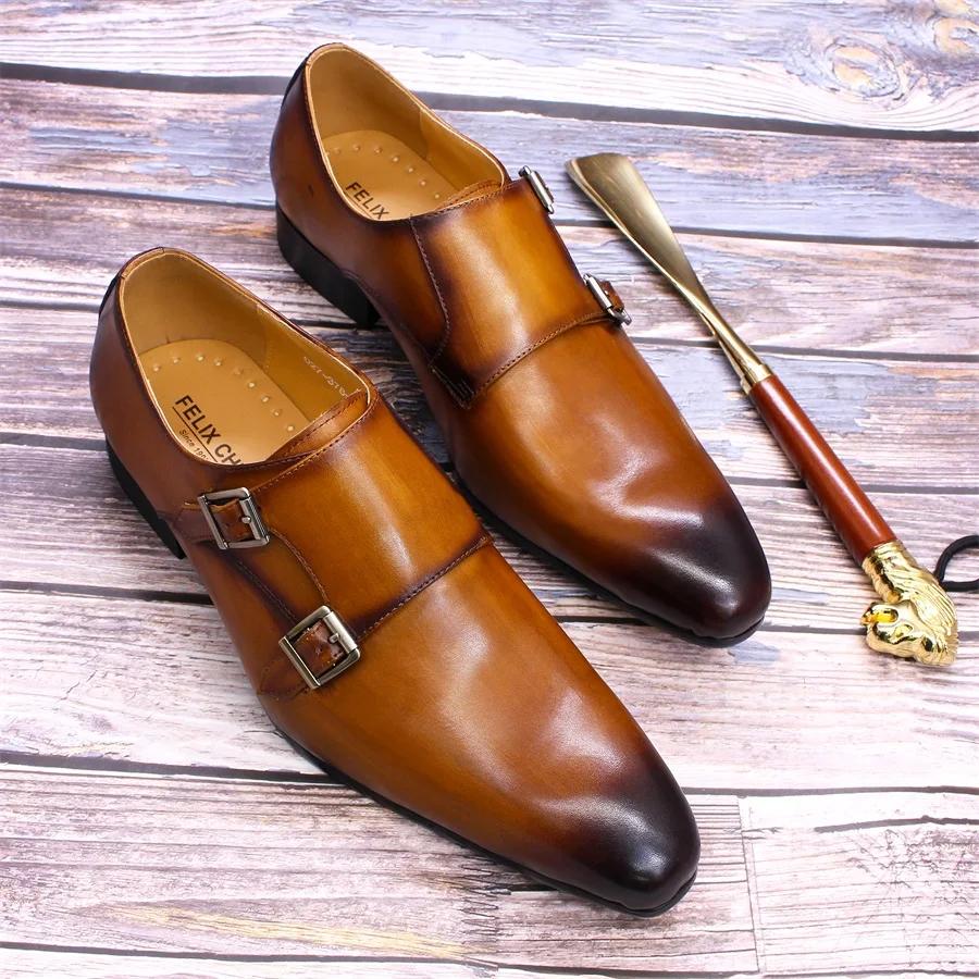 Fashion Classic Mens Monk Strap Formal Shoes Genuine Leather Business Double Buckle Luxury Gentleman Office Dress Shoes for Men