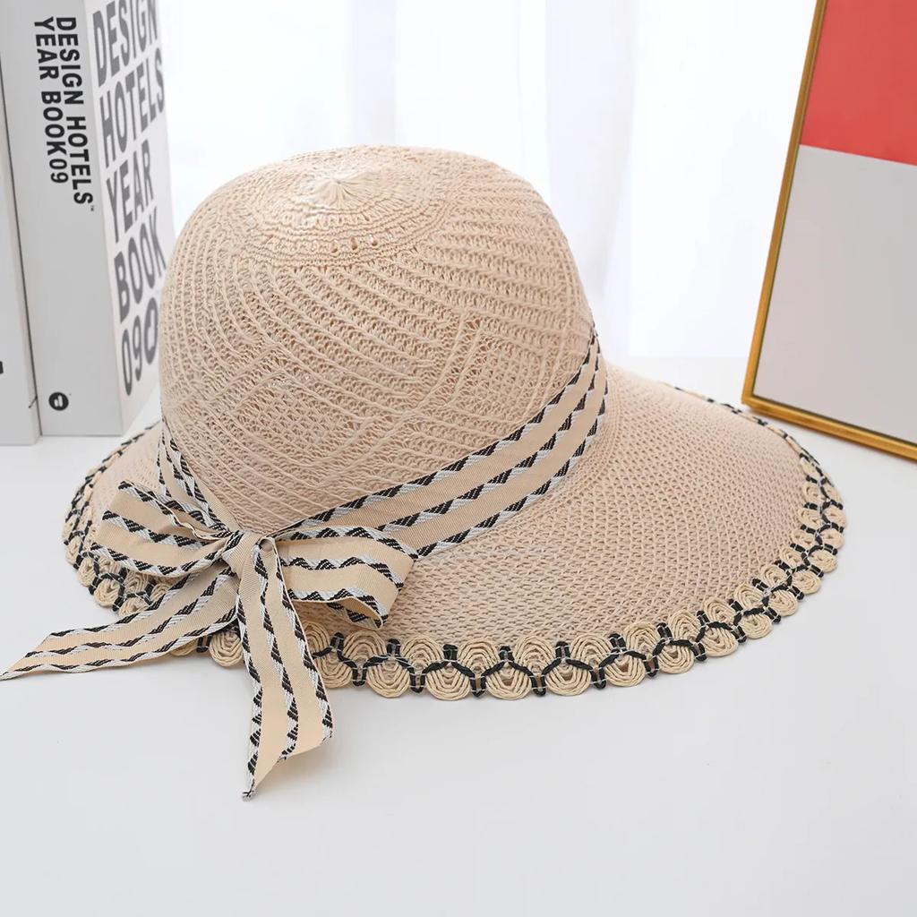 WTEMPO Women's Solid Color Bow Summer Knitted Bucket Hats Hollow-out Foldable Breathable Wide Brim Outdoor Travel Beach Hats