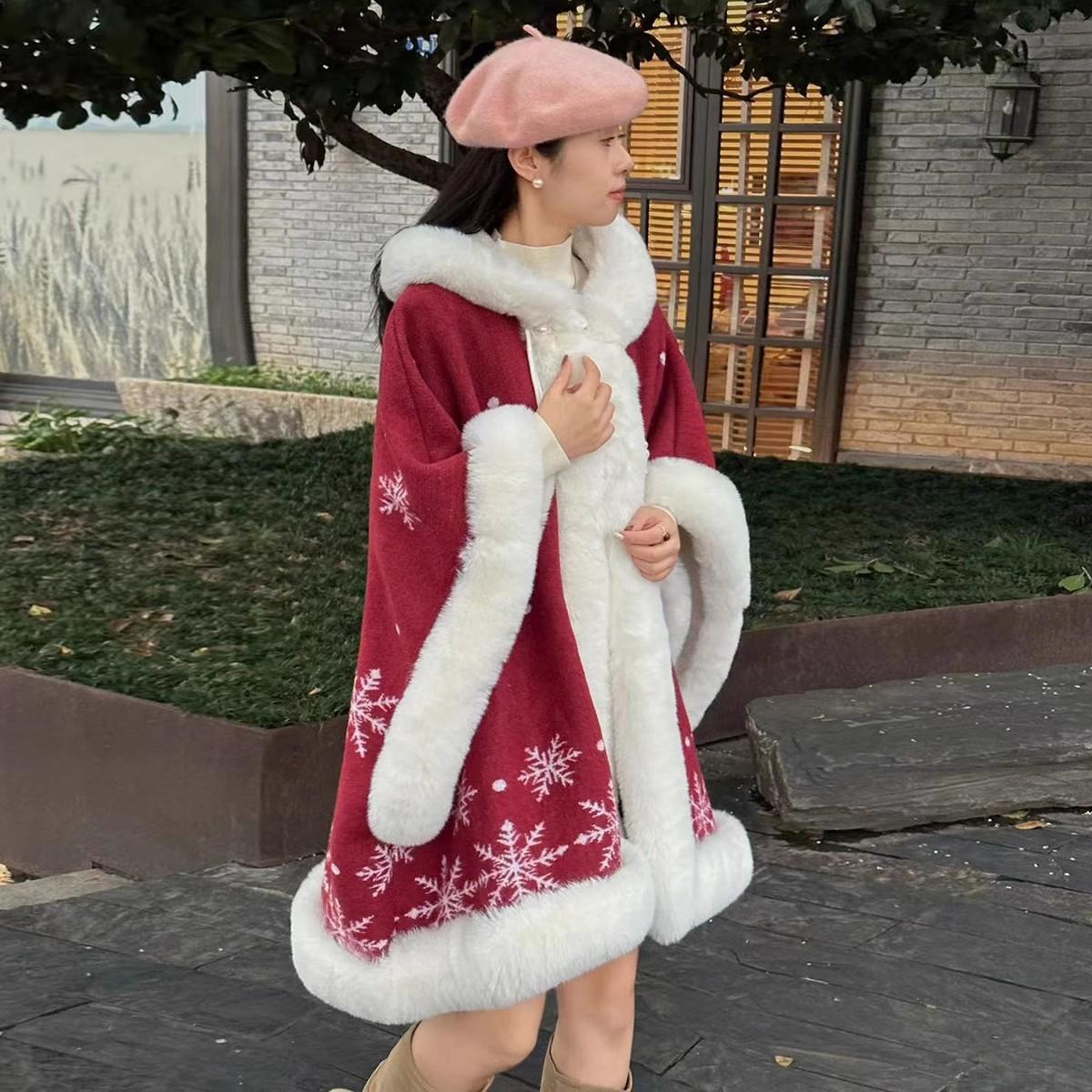 

811 #Зимний снежный флисовый утепленный плащ с капюшоном и большим меховым воротником для женщин, ветрозащитный теплый плащ на пуговицах One Size