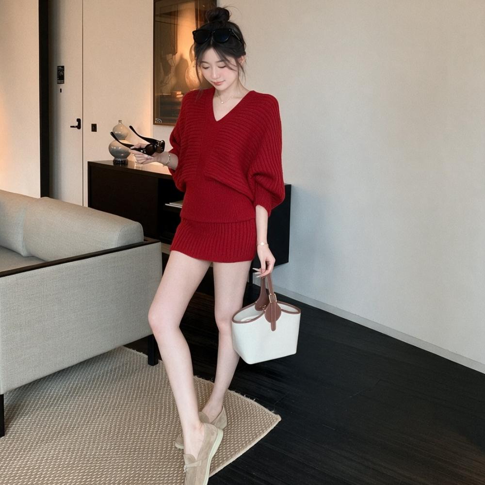 Women's Sweater Set Autumn Winter V-Neck Batwing-Sleeve Ribbed Knit Sweater + Mini Skirt Two-Piece Set Female Outfits