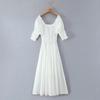 Wood Ruched Chest Bow U Collar Puff Sleeve Dress Elastic High Waist Pleated Swing Midi Long Dresses Holiday Vestidos