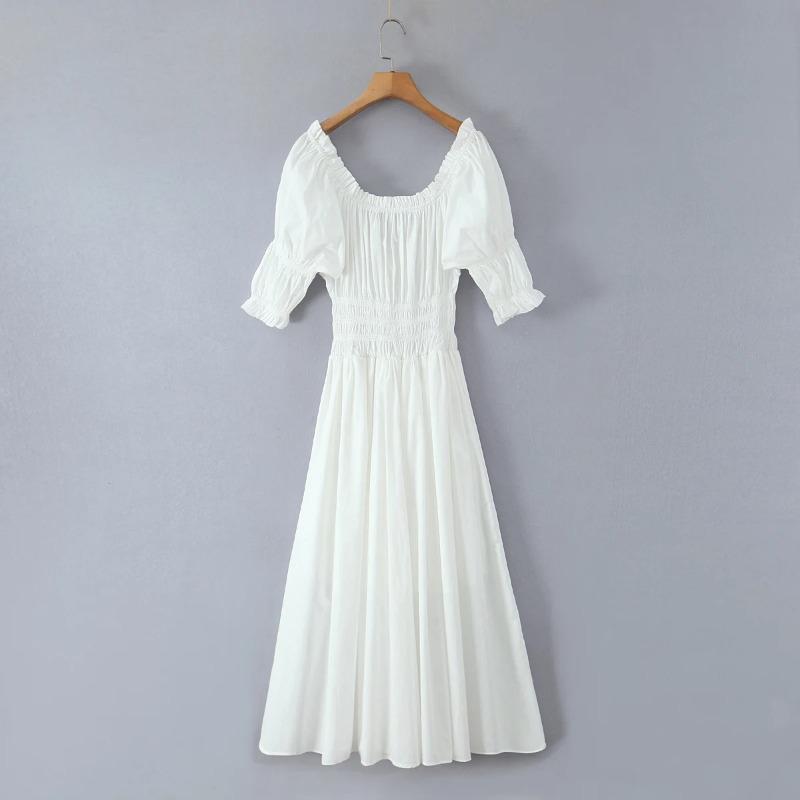 Wood Ruched Chest Bow U Collar Puff Sleeve Dress Elastic High Waist Pleated Swing Midi Long Dresses Holiday Vestidos