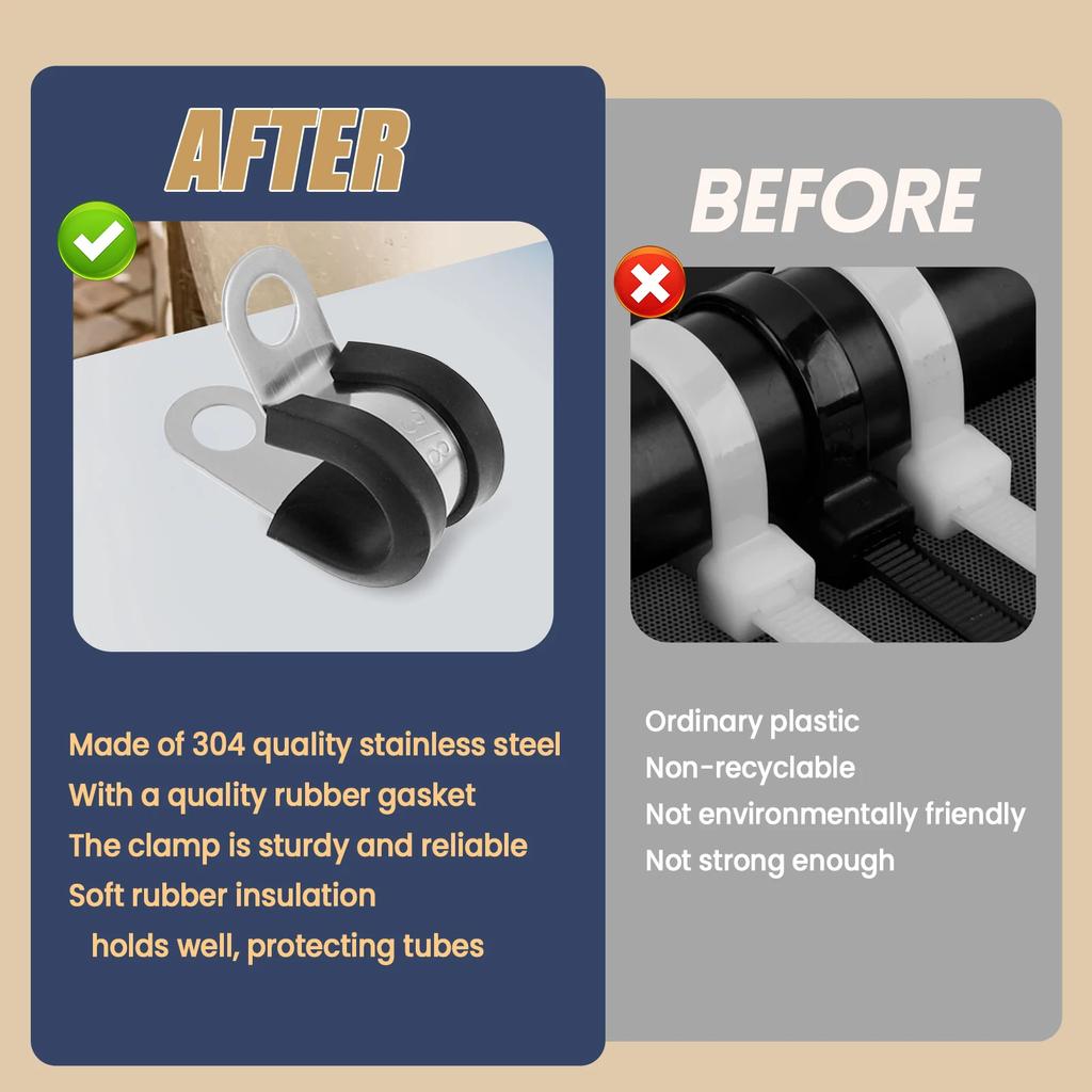 53PCS 1/2 Inch 3/8 Inch Cable Clamps Stainless Steel Tape Clamps Insulated Hose Pipe Sturdy Wire Clamp for Automotive Industry