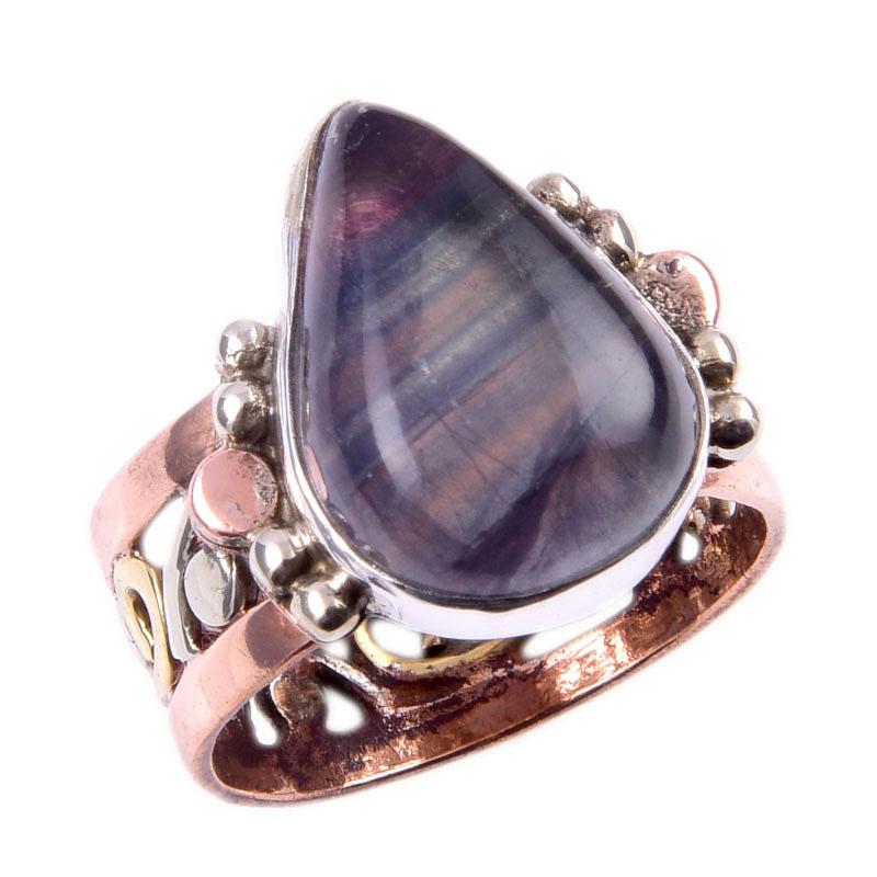 Natural Fluorite Gemstone Handmade 925 Sterling Silver Two Tone Ring Size 7 c7m79