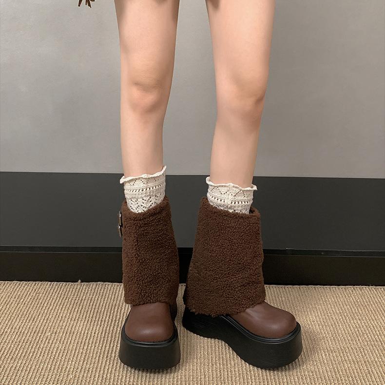 Thick-soled Lamb Wool Tall Snow Boots Women's 2025 Autumn and Winter Small Man Heightening Trouser Boots Plush Plush Boots
