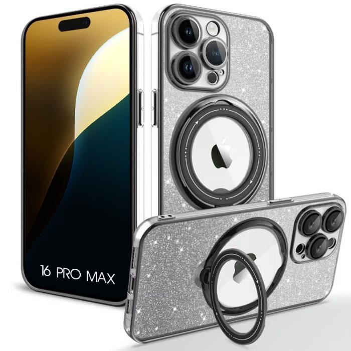 Coque de protection - Silicone - pour iPhone 16 Pro Max - Antichoc - Support rotatif - Paillettes noires