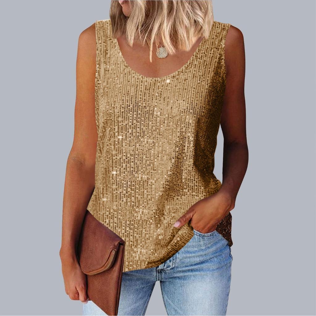 Women's Top, Commuting Sequins, Loose Fitting, Round Neck Vest, Comfortable and Casual