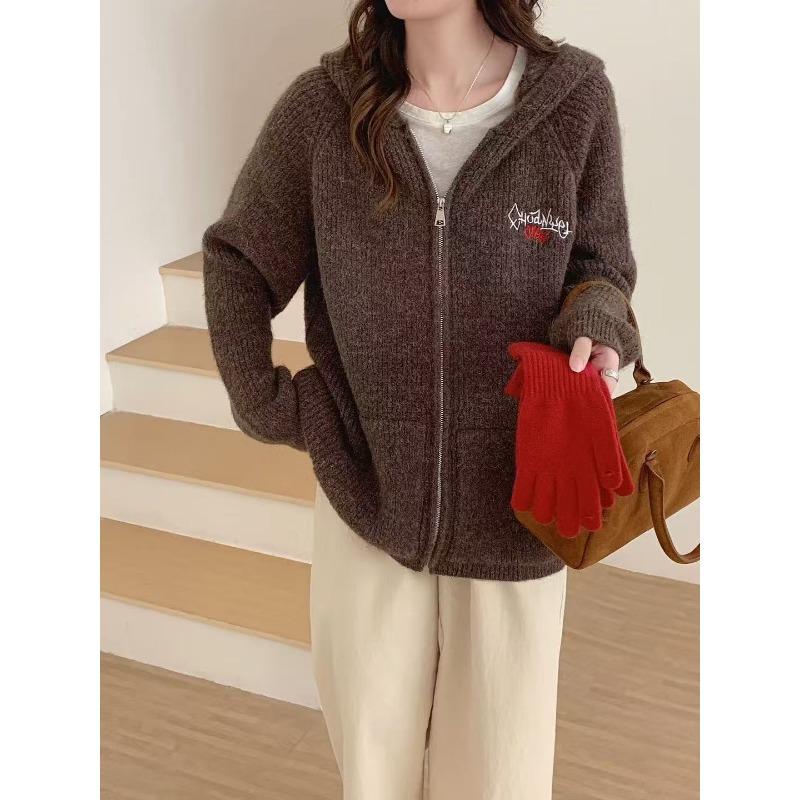 Vintage Zipper Hooded Embroidered Knitted Cardigan Autumn and Winter New Loose Casual Lazy Wind Sweater Jacket Women