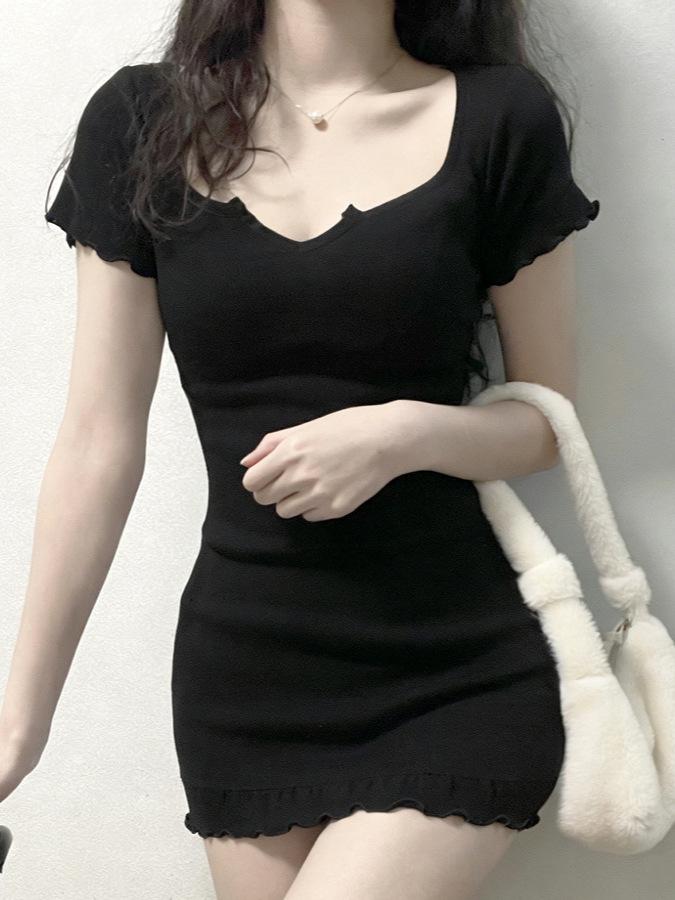 Spicy Girl V-Neck Short-Sleeve Summer Dress - Sexy Slim-Fit, Waist-Cinching, Hip-Hugging Skirt