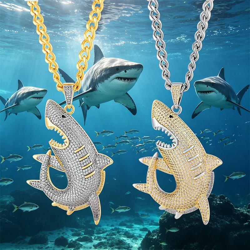 Collana Pendente Squalo DAXI Unisex alla Moda con Pieno Pavé di Diamanti e Catena a Maglia Cubana - Gioielli Hip Hop che Non Sbiadiscono