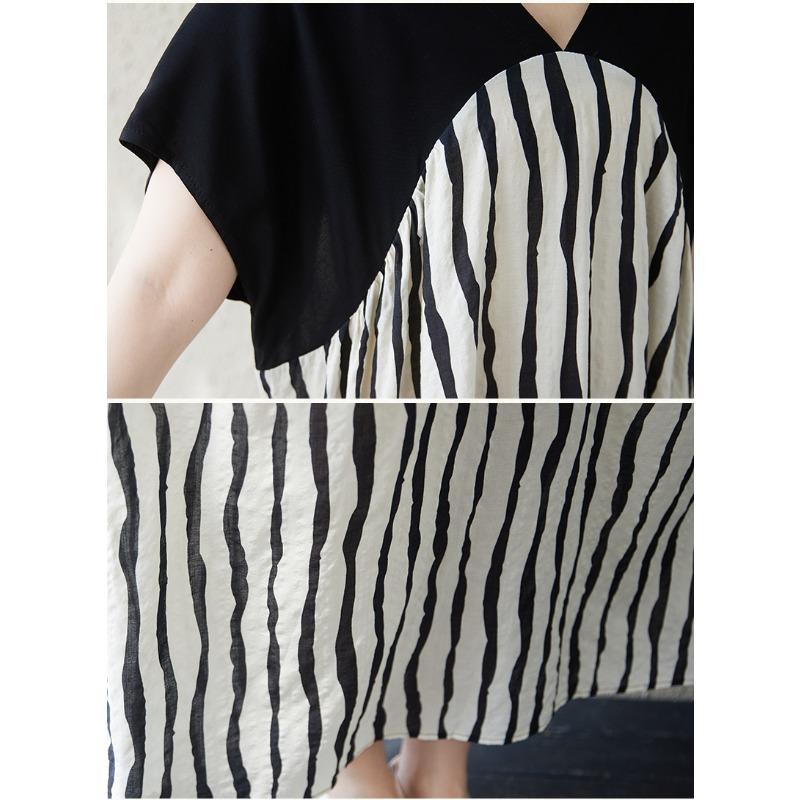 DIMANAF New 2025 Plus Size Summer Dress Loose Women V-Neck Vintage Stripe Casual Short Sleeve Dress Maxi