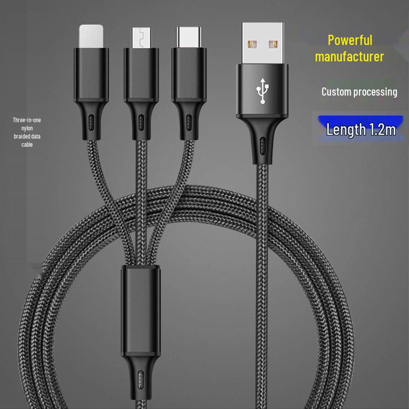 

Плетений нейлоновий USB-кабель для передачі даних 3-в-1 для зарядки Huawei, Apple і Android 1.2M чорний