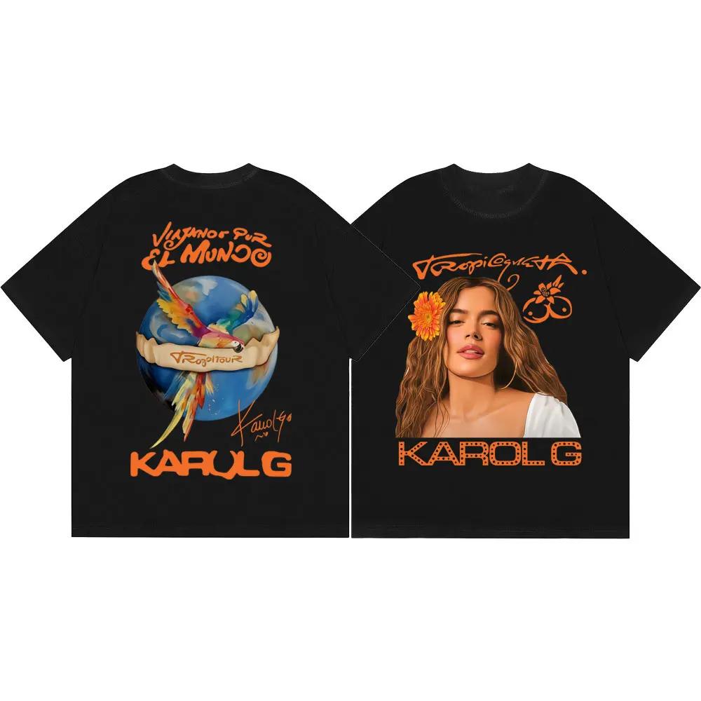 

Karol G Tropicoqueta Tour 2026 Двусторонняя футболка с принтом Мода Хип-хоп Футболки с коротким рукавом Мужчины Женщины Повседневная свободная футболка 4XL