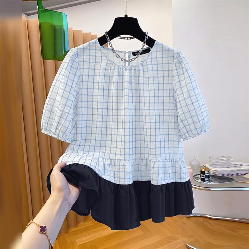 ZANZEA Women Plaid Print Casual Round Neck Half Sleeve Splice Blouse M